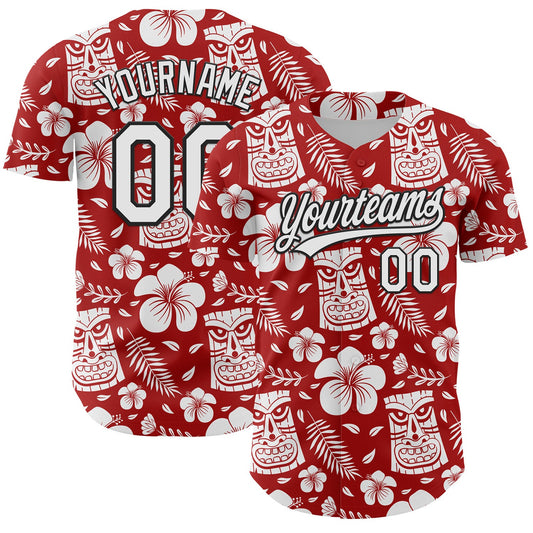 Custom Red White-Black 3D Tropical Hawaii Jungle Leaves Flower And Tiki Mask Authentic Baseball Jersey - Main View
