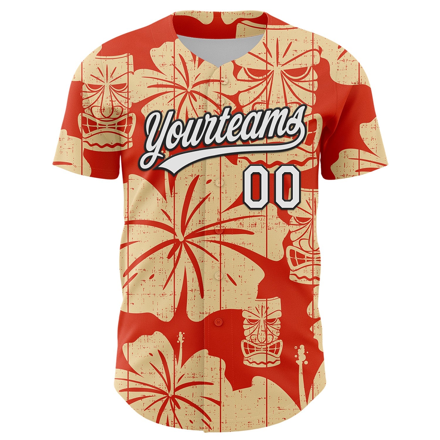 Custom Red White-Black 3D Tropical Hawaii Flower And Tiki Mask Authentic Baseball Jersey view 2