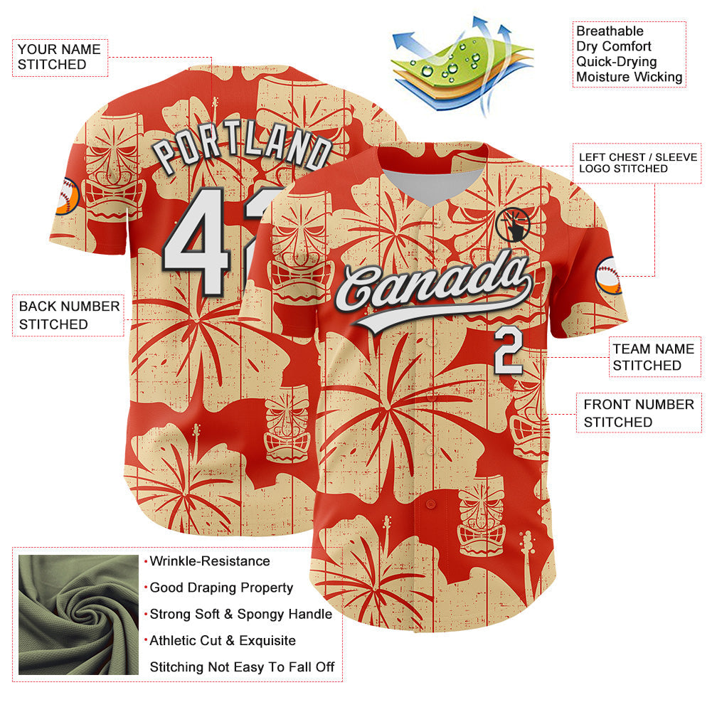Custom Red White-Black 3D Tropical Hawaii Flower And Tiki Mask Authentic Baseball Jersey view 3