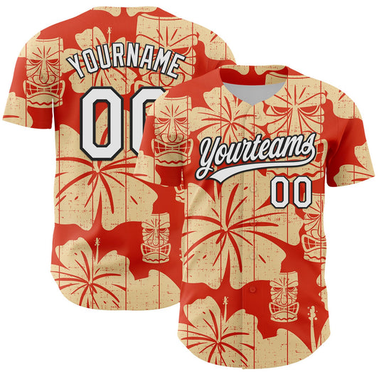 Custom Red White-Black 3D Tropical Hawaii Flower And Tiki Mask Authentic Baseball Jersey - Main View