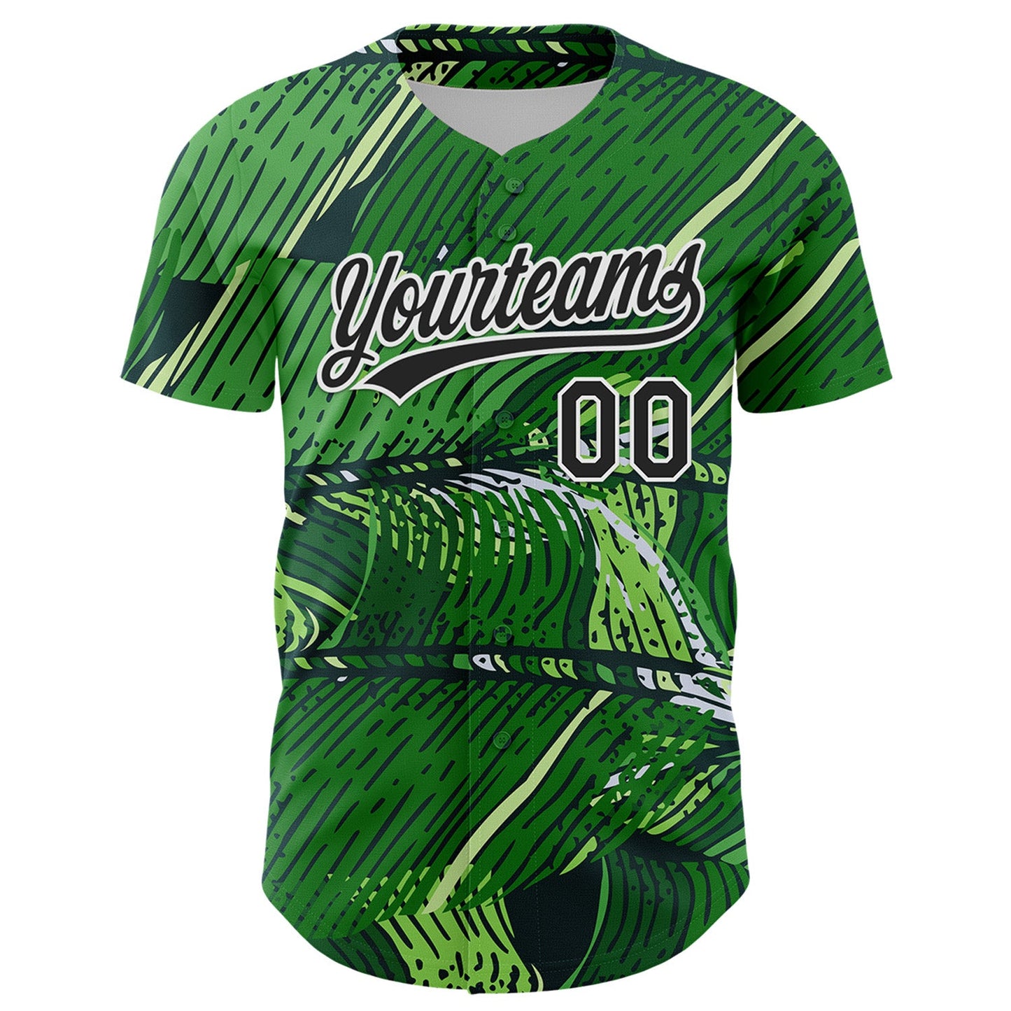 Custom Green Black-White 3D Tropical Hawaii Jungle Leaves Authentic Baseball Jersey view 2