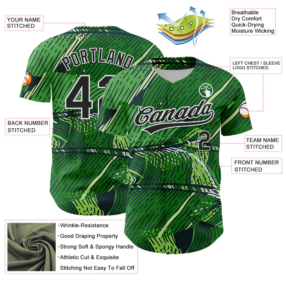 Custom Green Black-White 3D Tropical Hawaii Jungle Leaves Authentic Baseball Jersey view 3