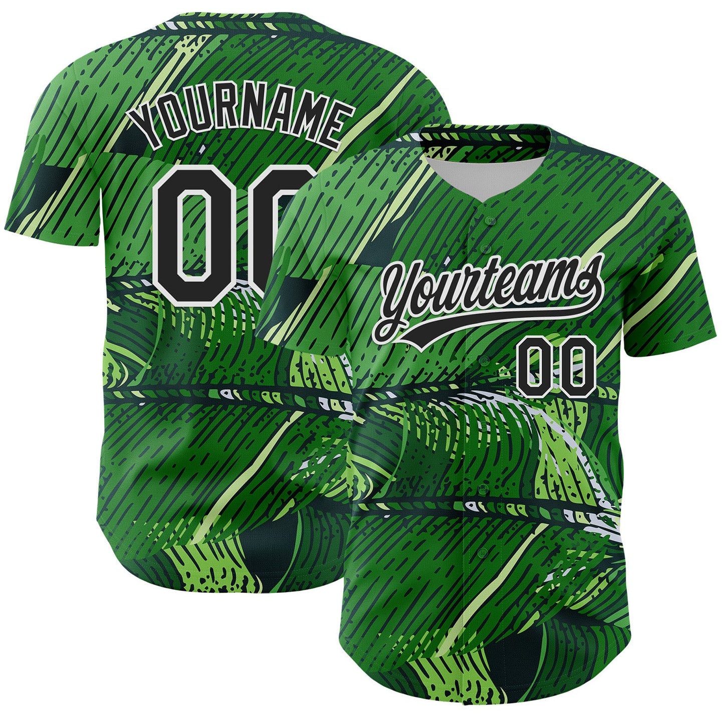 Custom Green Black-White 3D Tropical Hawaii Jungle Leaves Authentic Baseball Jersey - Main View