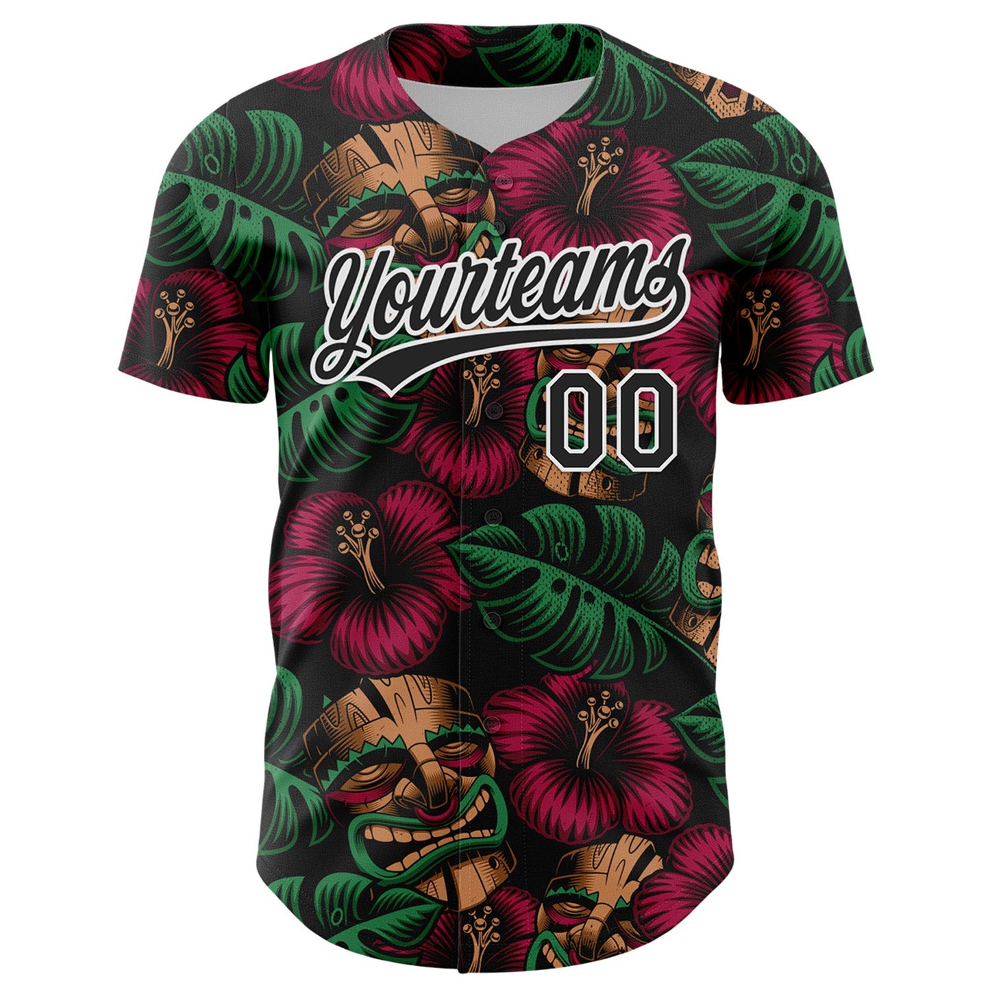 Custom Black White 3D Tropical Hawaii Jungle Leaves And Flower Authentic Baseball Jersey view 2