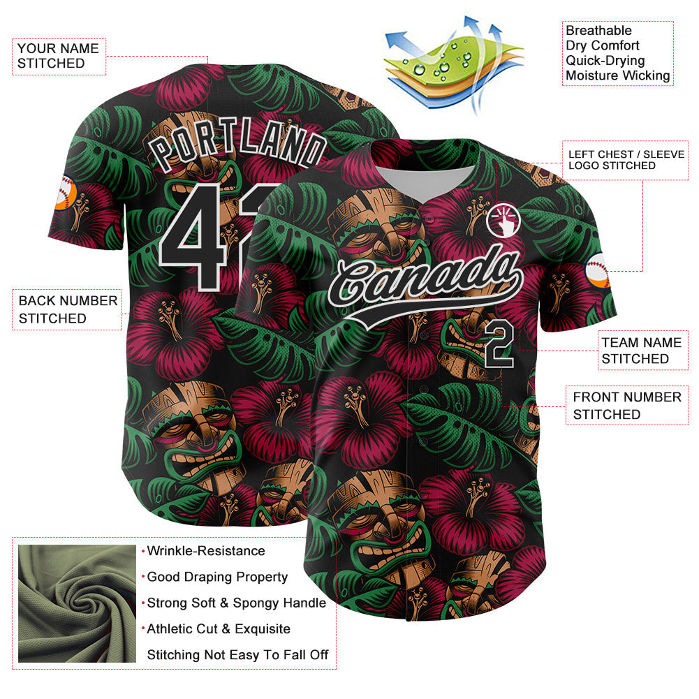 Custom Black White 3D Tropical Hawaii Jungle Leaves And Flower Authentic Baseball Jersey view 3