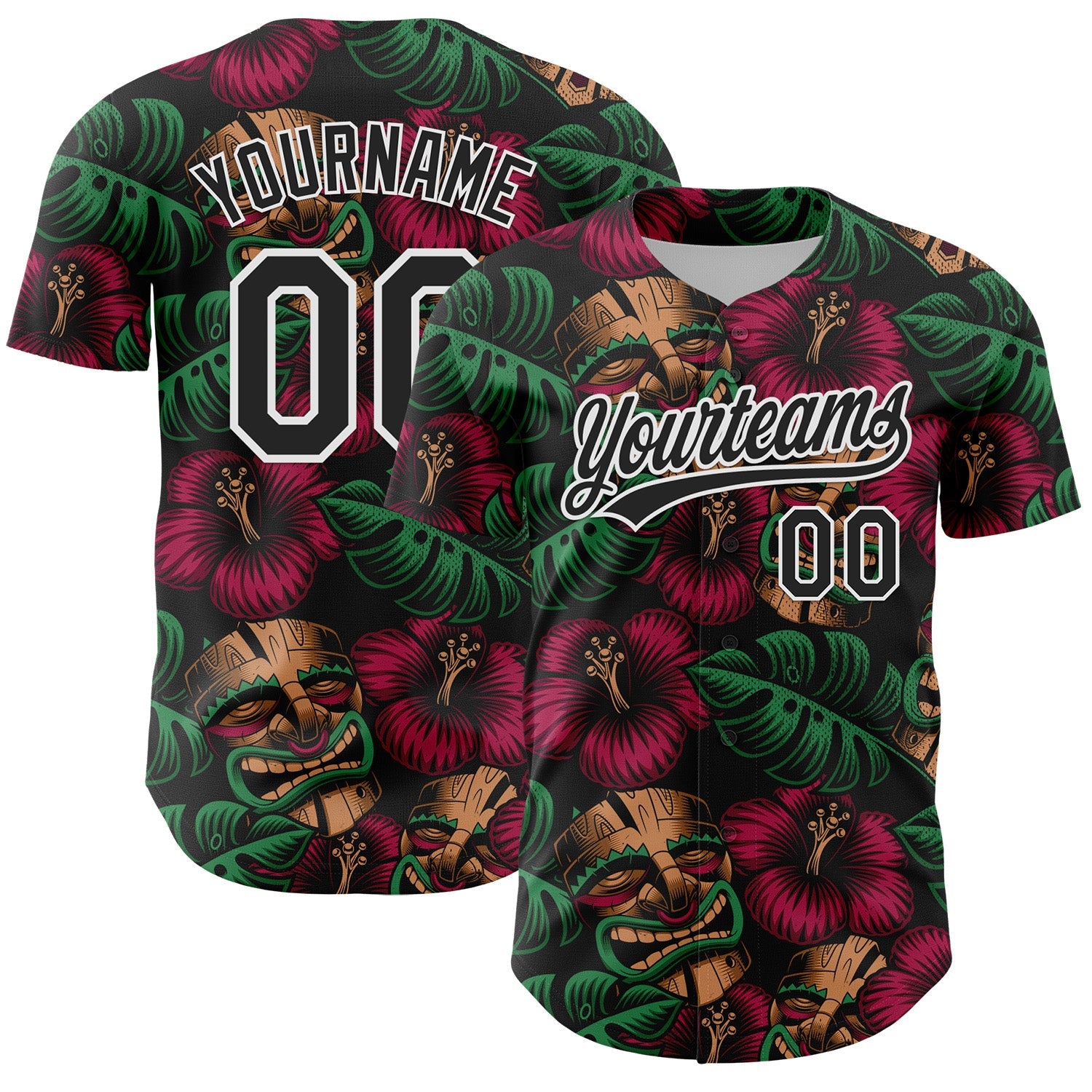 Custom Black White 3D Tropical Hawaii Jungle Leaves And Flower Authentic Baseball Jersey - Main View