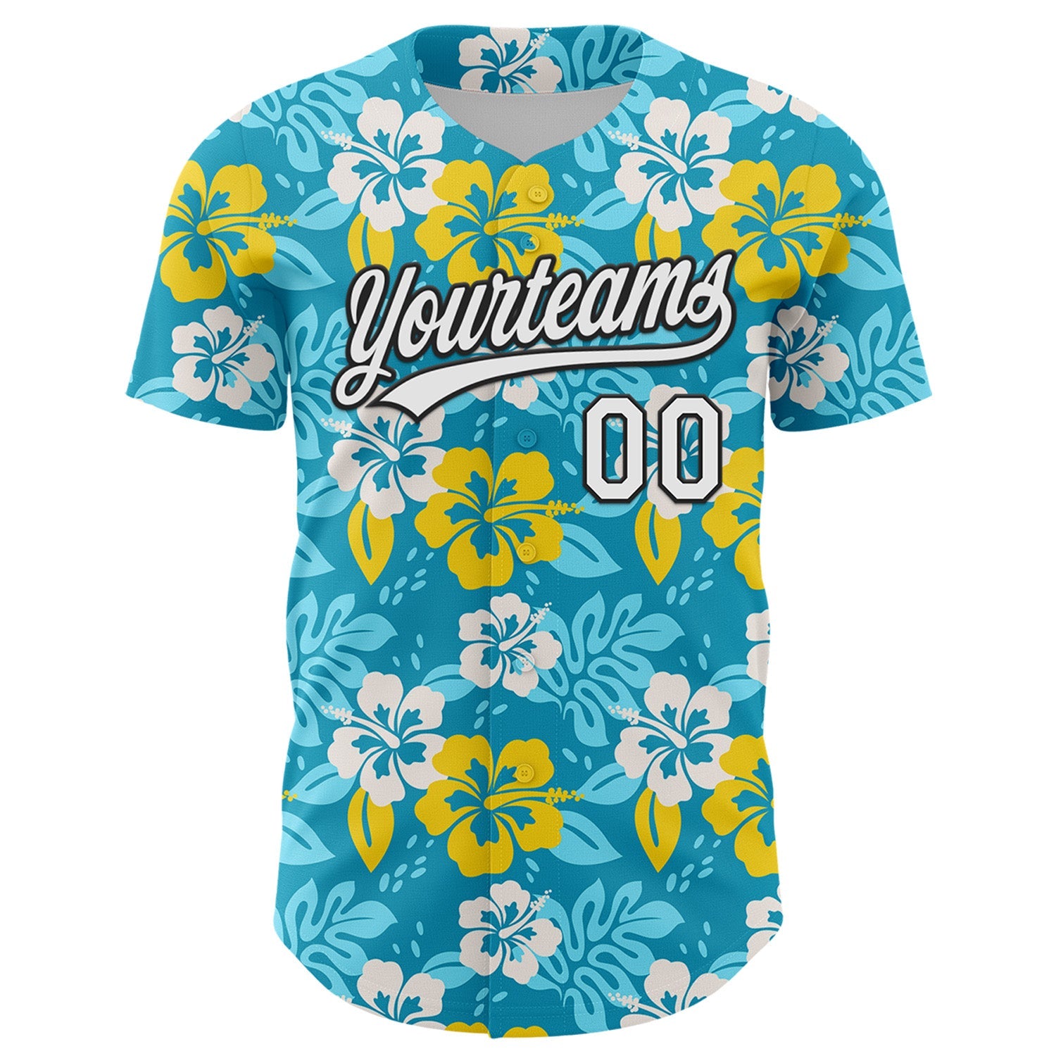Custom Lakes Blue White-Black 3D Tropical Hawaii Jungle Leaves And Flower Authentic Baseball Jersey view 2