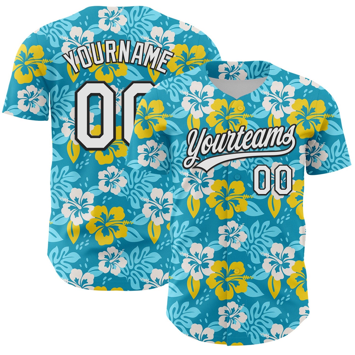 Custom Lakes Blue White-Black 3D Tropical Hawaii Jungle Leaves And Flower Authentic Baseball Jersey - Main View