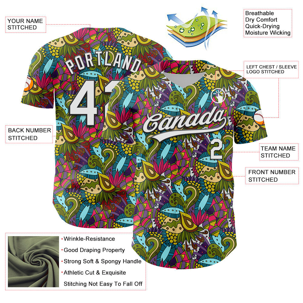 Custom White Black 3D Tropical Hawaii Jungle Plant Authentic Baseball Jersey view 3