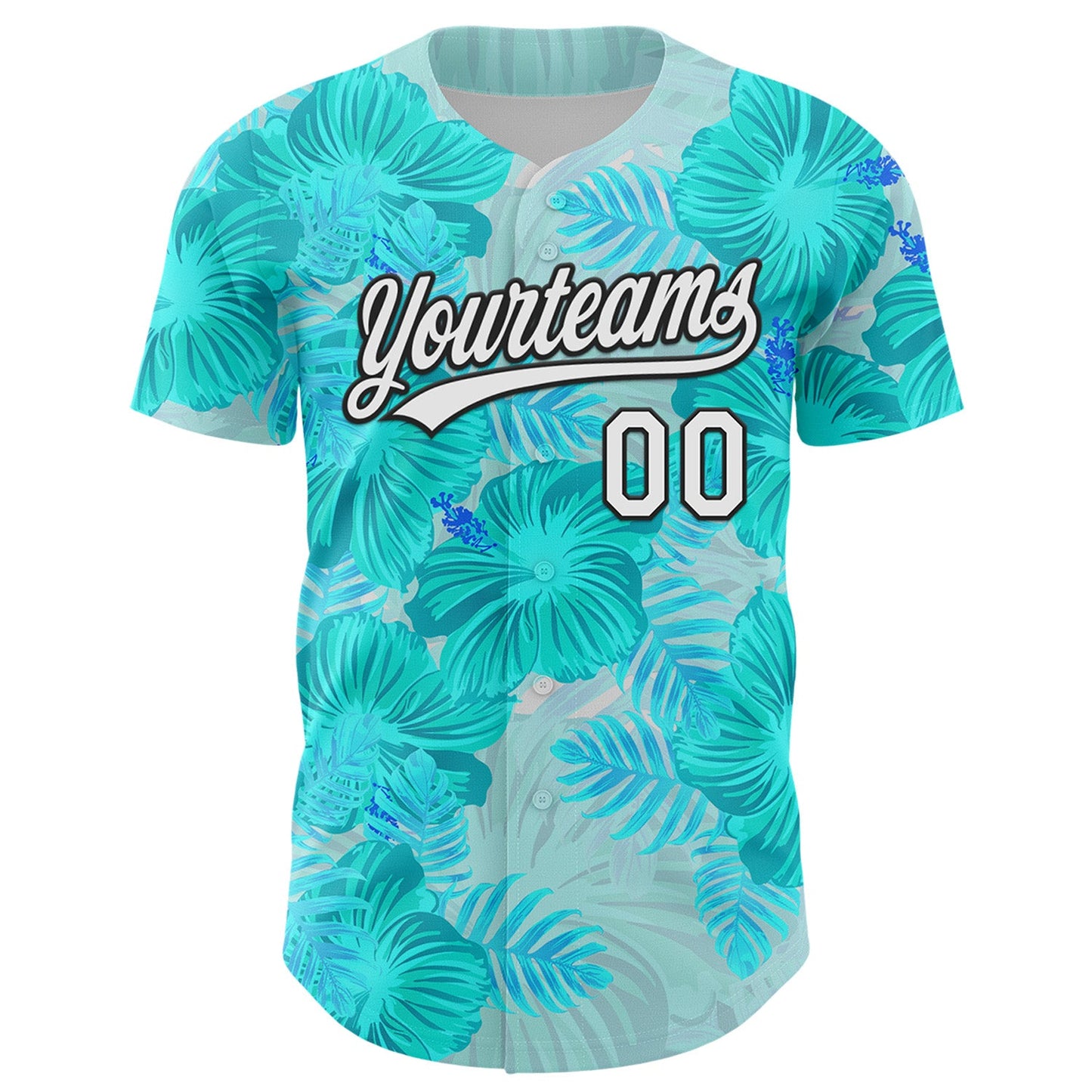 Custom Lakes Blue White-Black 3D Tropical Hawaii Jungle Leaves And Flower Authentic Baseball Jersey view 2