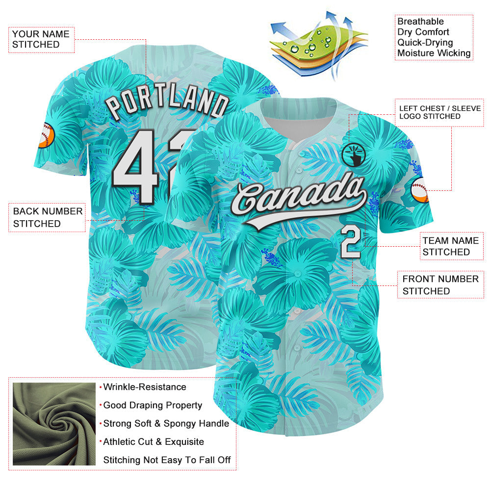 Custom Lakes Blue White-Black 3D Tropical Hawaii Jungle Leaves And Flower Authentic Baseball Jersey view 3