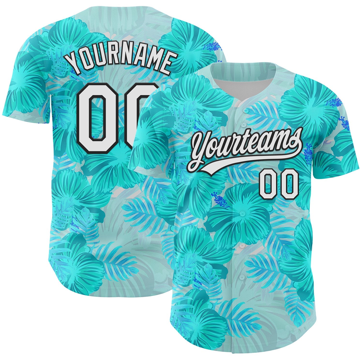 Custom Lakes Blue White-Black 3D Tropical Hawaii Jungle Leaves And Flower Authentic Baseball Jersey - Main View