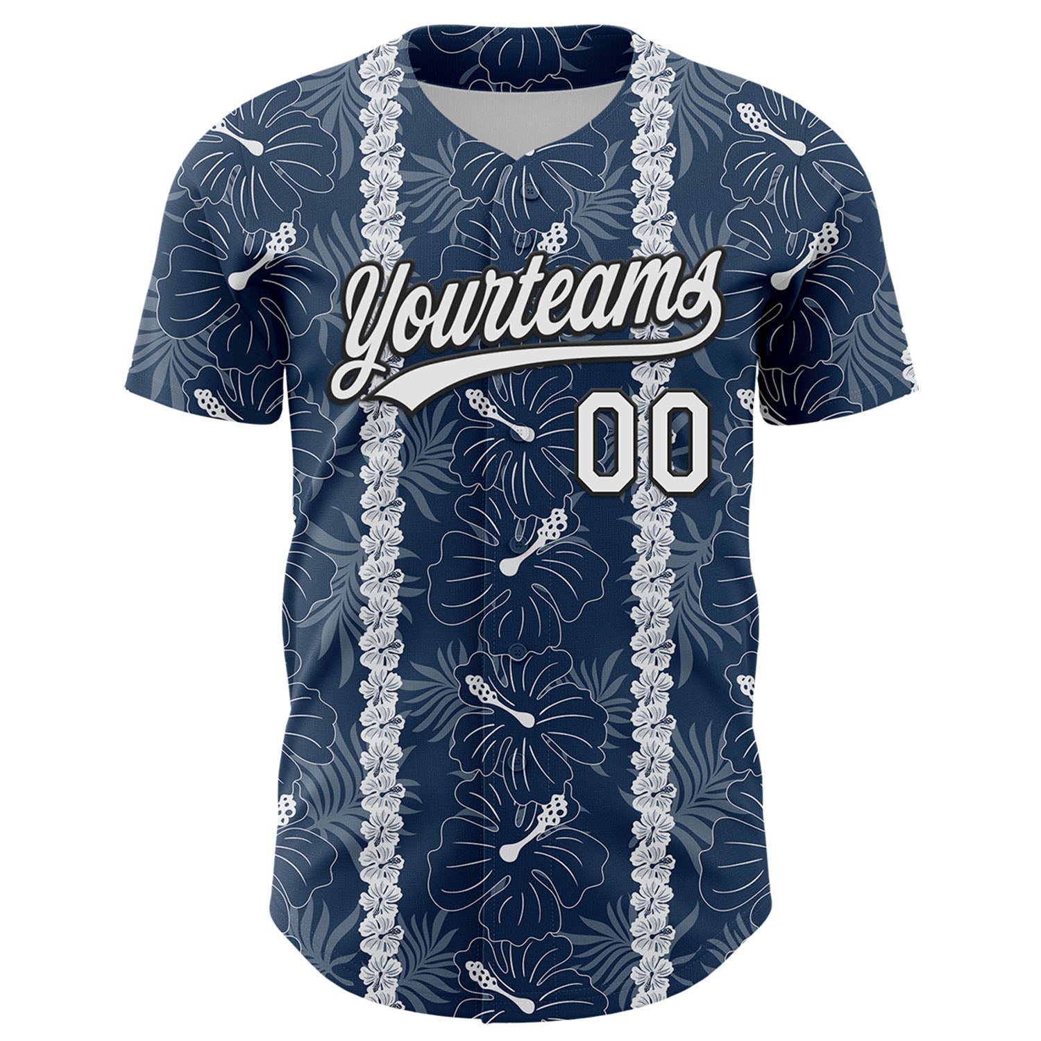 Custom Navy White-Black 3D Tropical Hawaii Jungle Leaves And Flower Authentic Baseball Jersey view 2
