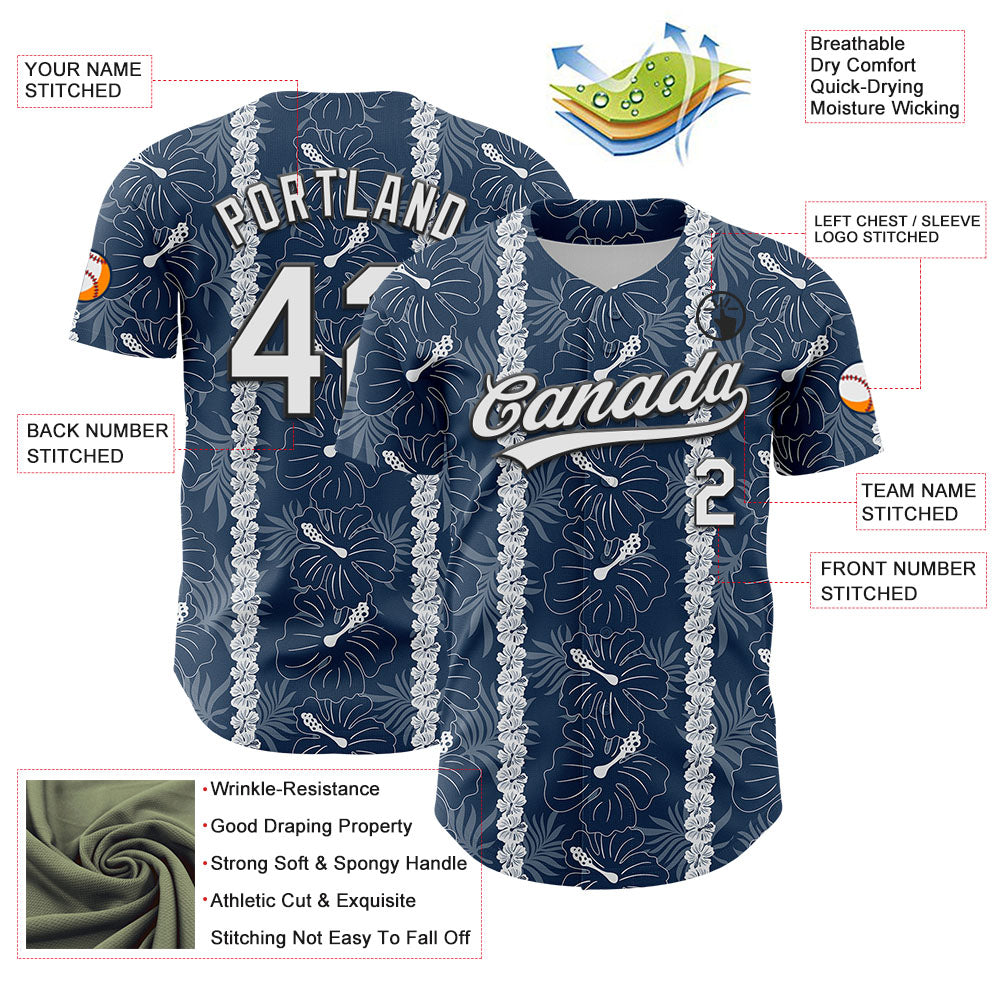 Custom Navy White-Black 3D Tropical Hawaii Jungle Leaves And Flower Authentic Baseball Jersey view 3