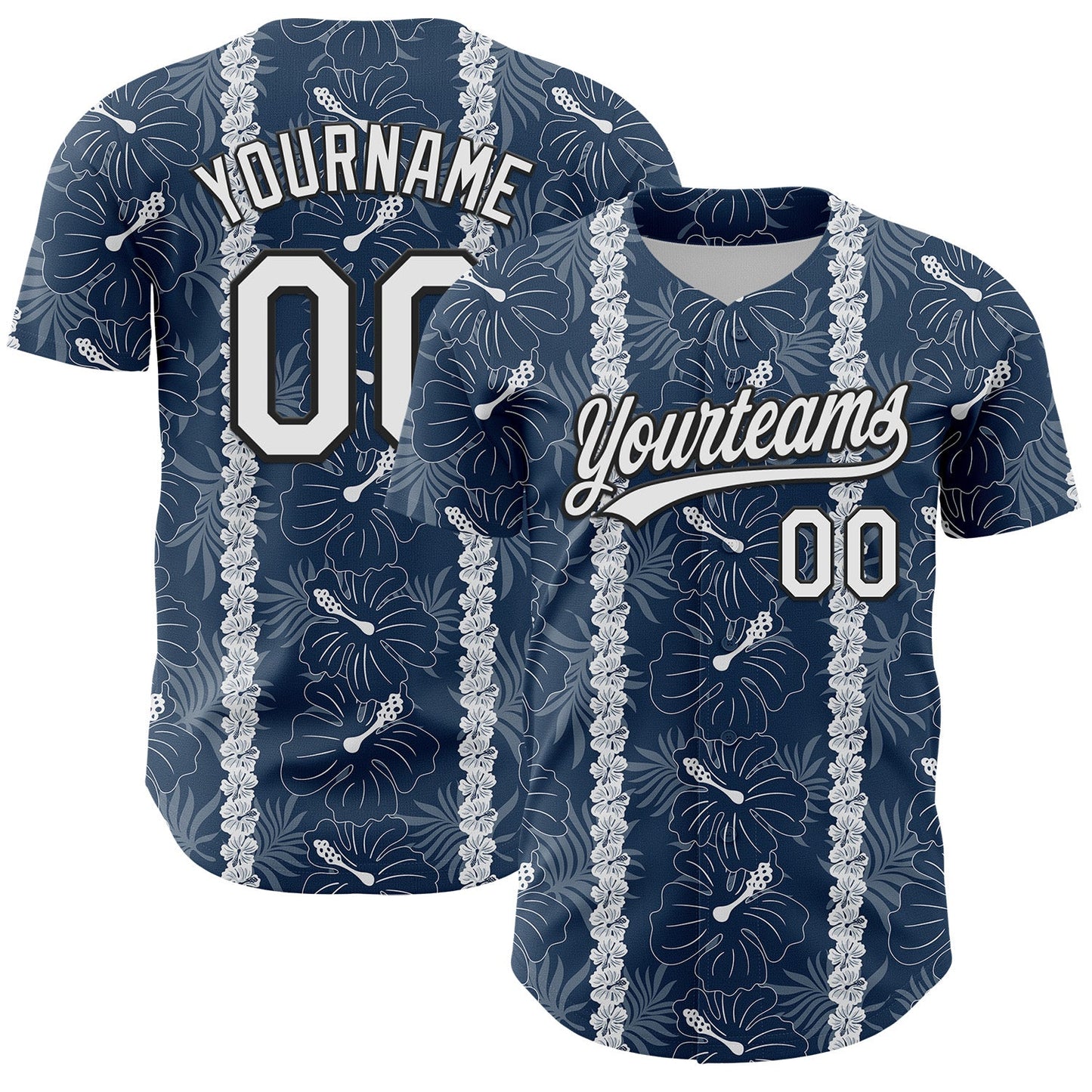 Custom Navy White-Black 3D Tropical Hawaii Jungle Leaves And Flower Authentic Baseball Jersey - Main View