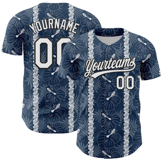 Custom Navy White-Black 3D Tropical Hawaii Jungle Leaves And Flower Authentic Baseball Jersey - Main View