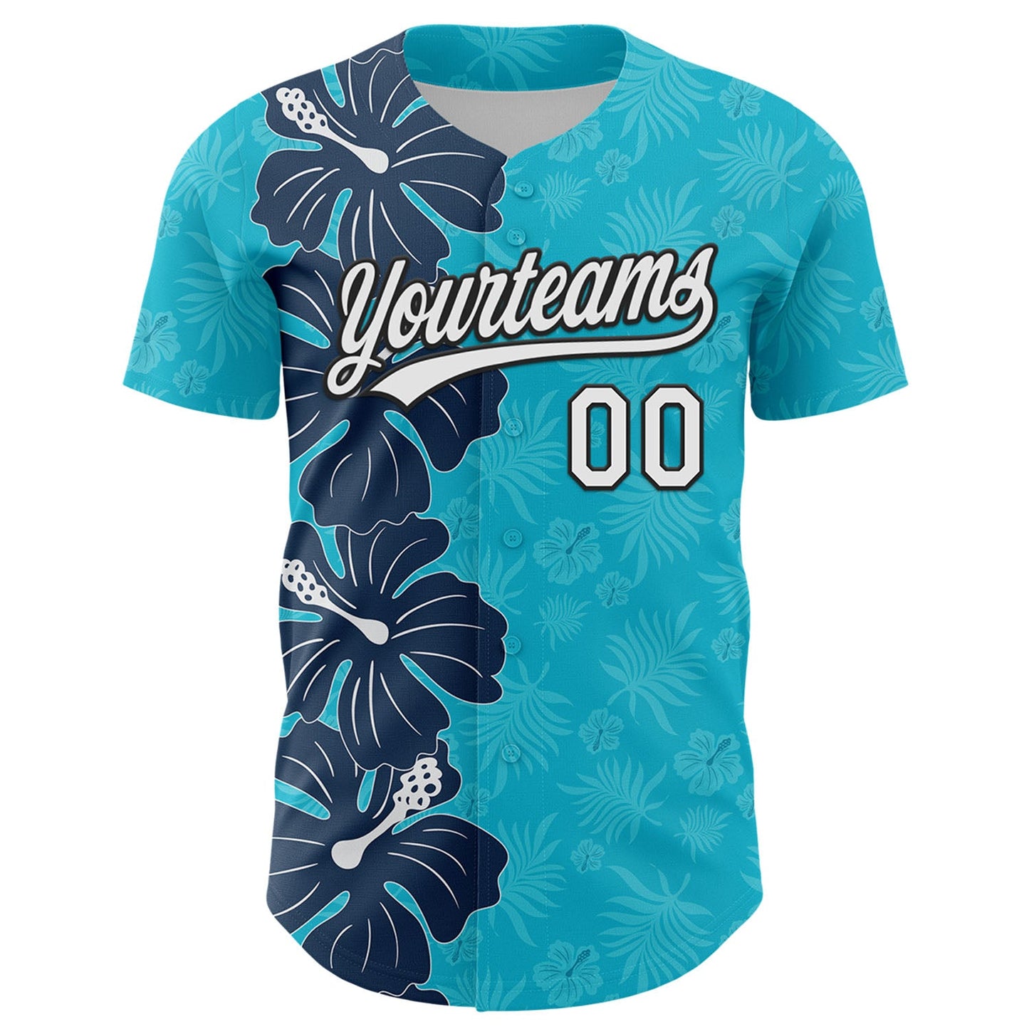 Custom Lakes Blue White-Black 3D Tropical Hawaii Jungle Leaves And Flower Authentic Baseball Jersey view 2