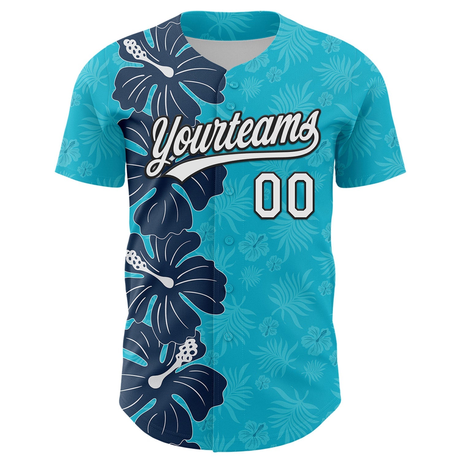 Custom Lakes Blue White-Black 3D Tropical Hawaii Jungle Leaves And Flower Authentic Baseball Jersey view 2