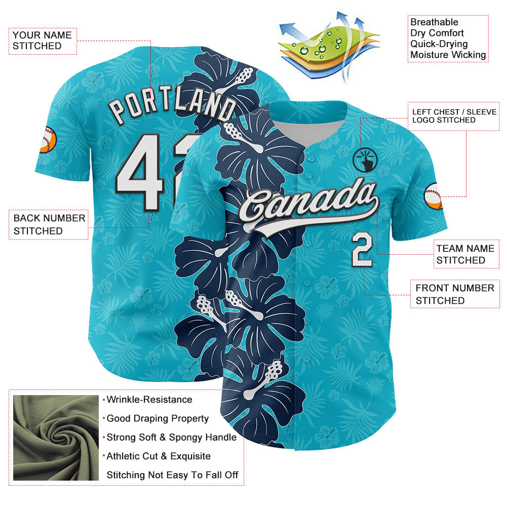 Custom Lakes Blue White-Black 3D Tropical Hawaii Jungle Leaves And Flower Authentic Baseball Jersey view 3