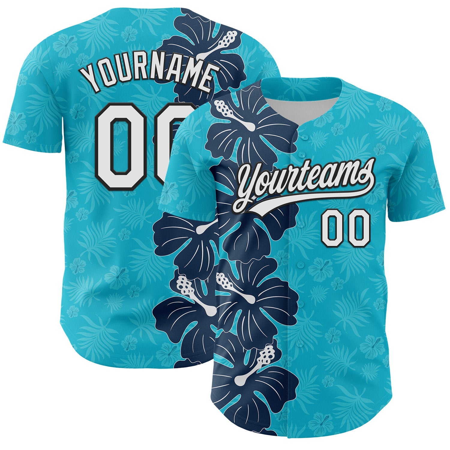 Custom Lakes Blue White-Black 3D Tropical Hawaii Jungle Leaves And Flower Authentic Baseball Jersey - Main View