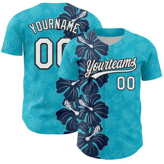 Custom Lakes Blue White-Black 3D Tropical Hawaii Jungle Leaves And Flower Authentic Baseball Jersey - Main View