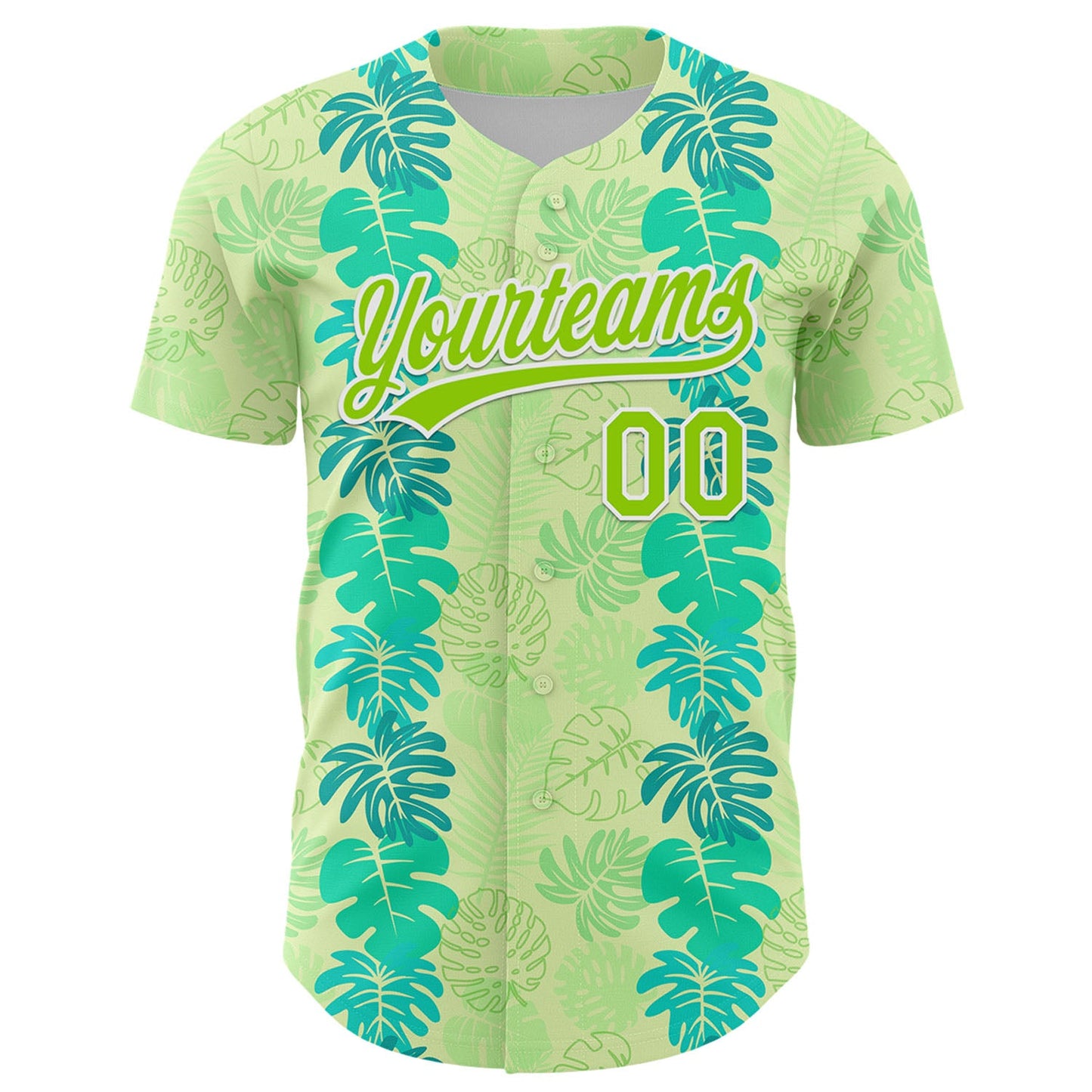 Custom Pea Green Neon Green-White 3D Tropical Hawaii Jungle Leaves Authentic Baseball Jersey view 2