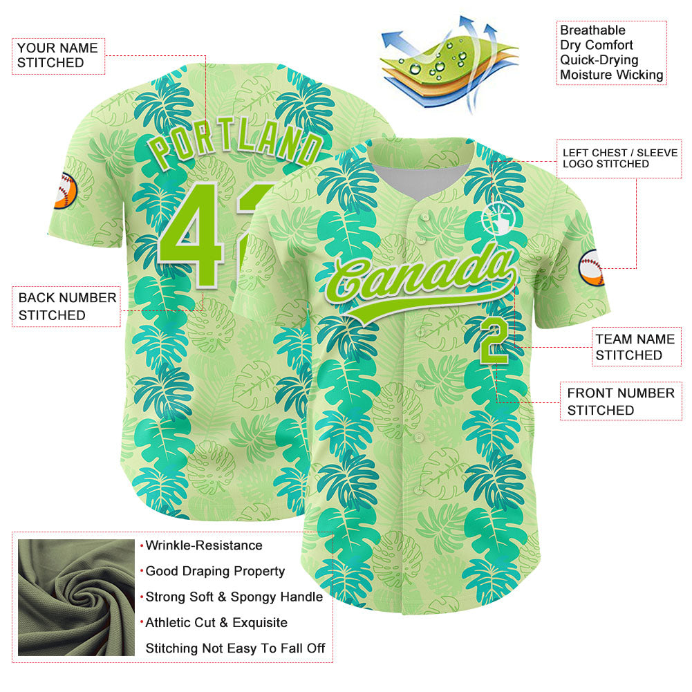 Custom Pea Green Neon Green-White 3D Tropical Hawaii Jungle Leaves Authentic Baseball Jersey view 3