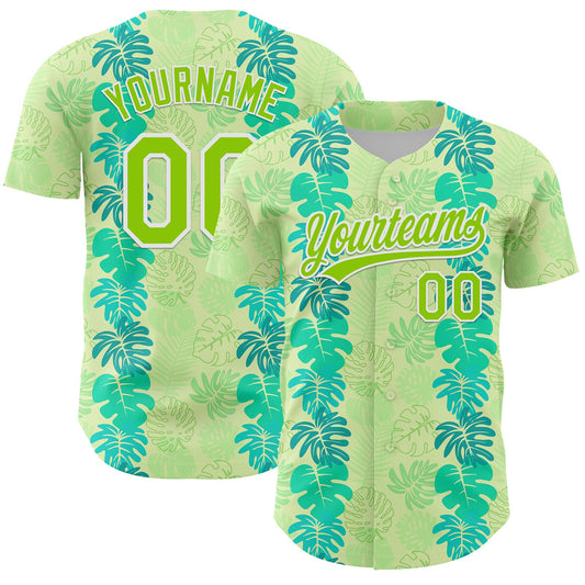 Custom Pea Green Neon Green-White 3D Tropical Hawaii Jungle Leaves Authentic Baseball Jersey - Main View