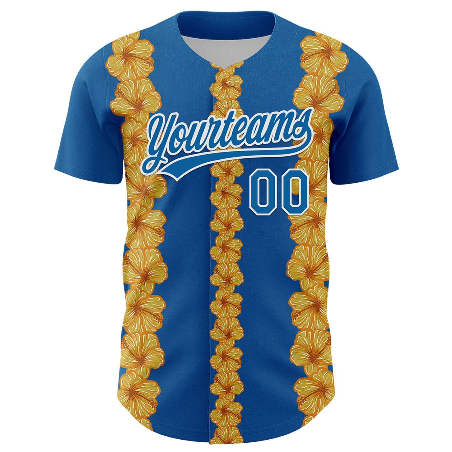Custom Blue White 3D Tropical Hawaii Flower Authentic Baseball Jersey view 2
