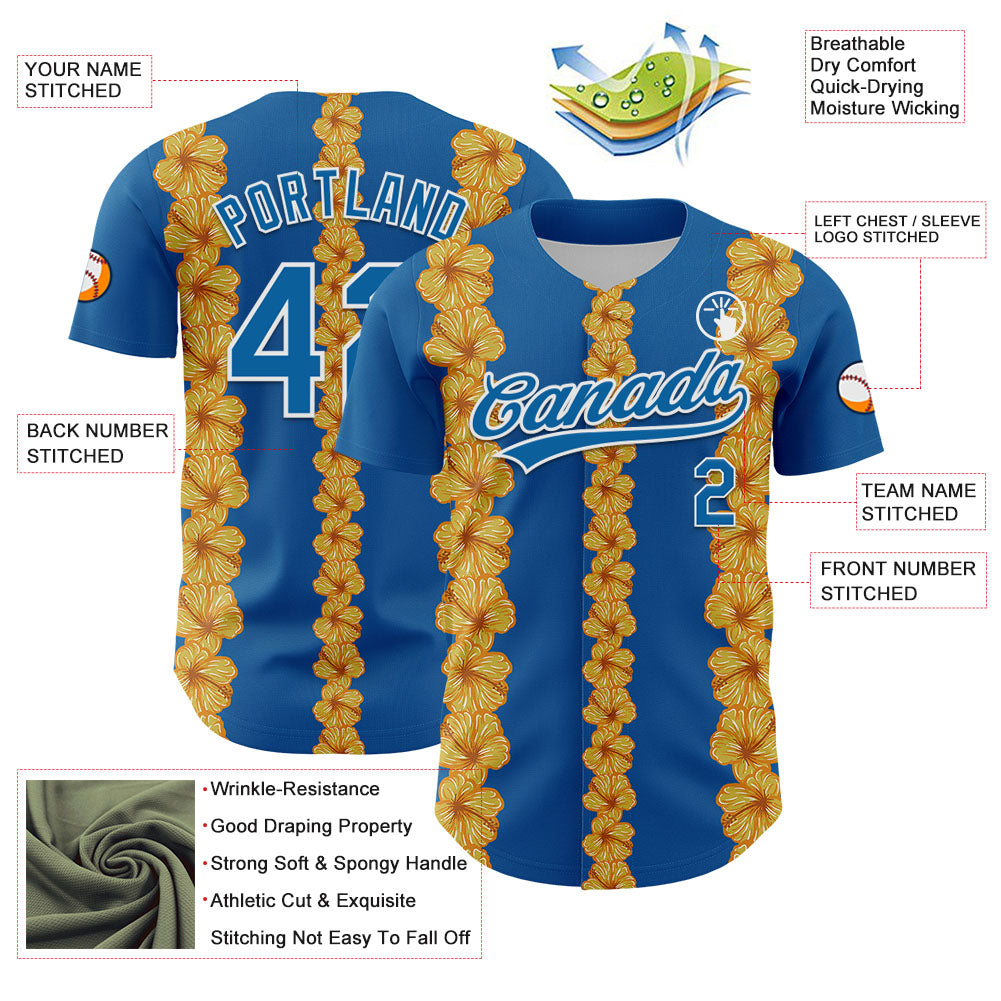 Custom Blue White 3D Tropical Hawaii Flower Authentic Baseball Jersey view 3