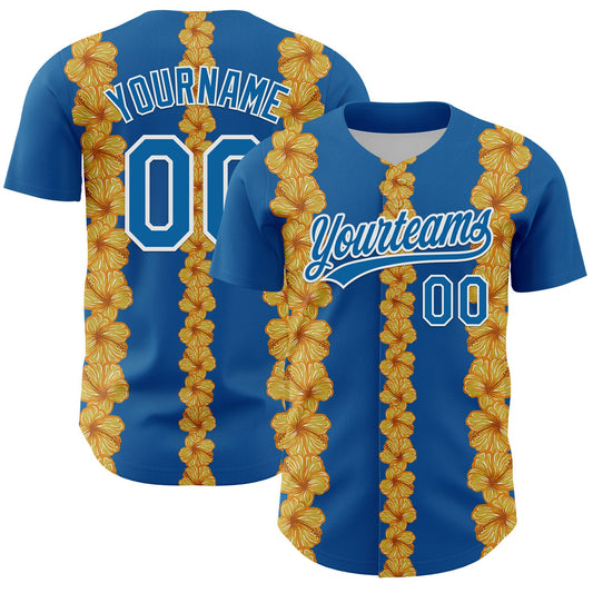 Custom Blue White 3D Tropical Hawaii Flower Authentic Baseball Jersey - Main View