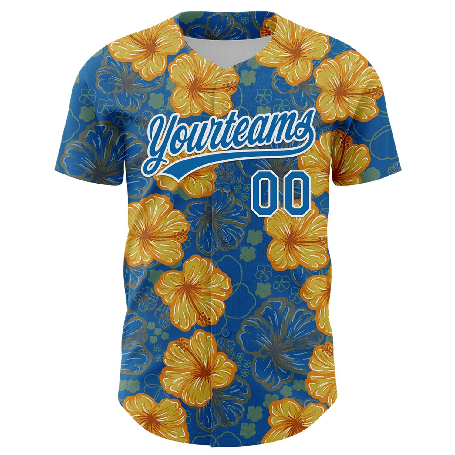 Custom Blue White 3D Tropical Hawaii Flower Authentic Baseball Jersey view 2