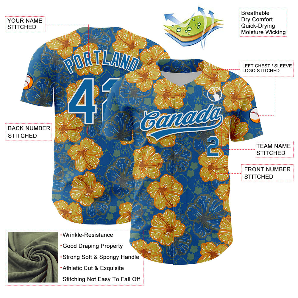 Custom Blue White 3D Tropical Hawaii Flower Authentic Baseball Jersey view 3