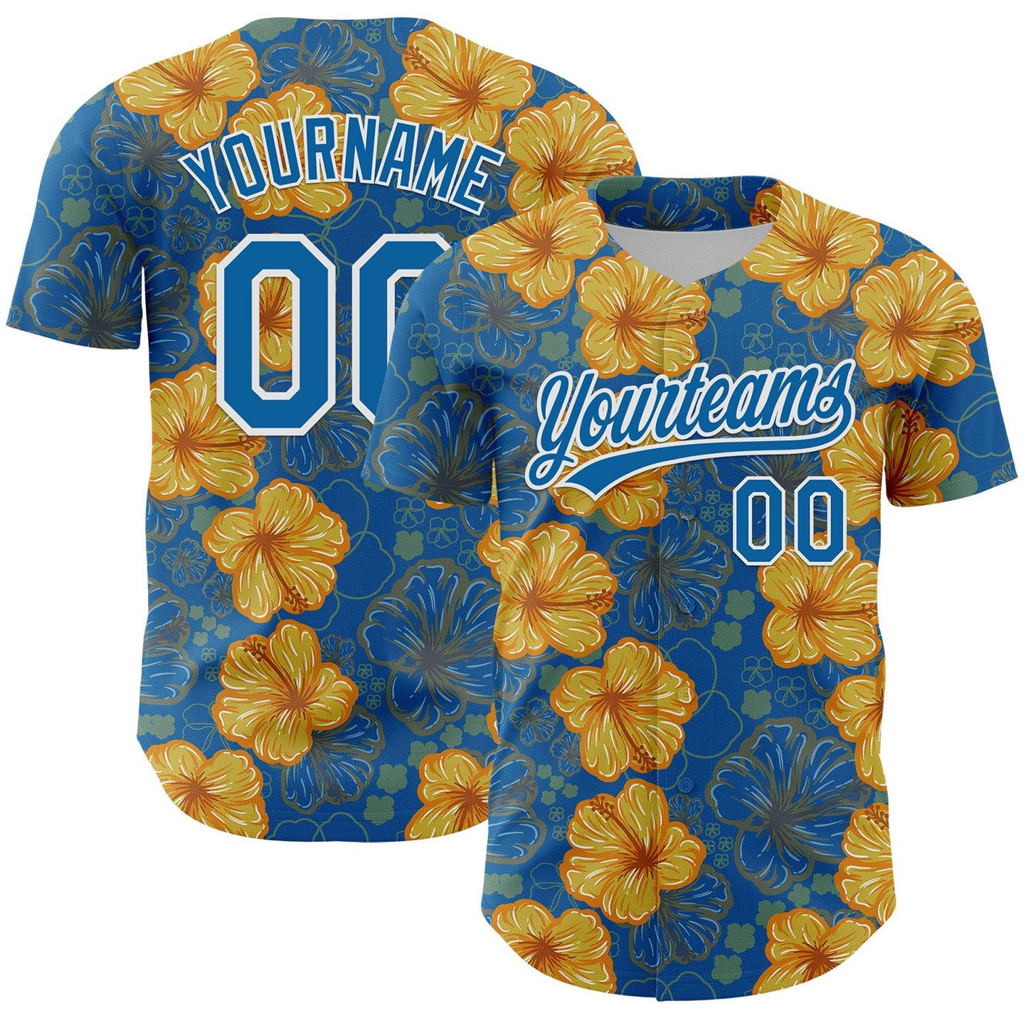 Custom Blue White 3D Tropical Hawaii Flower Authentic Baseball Jersey - Main View