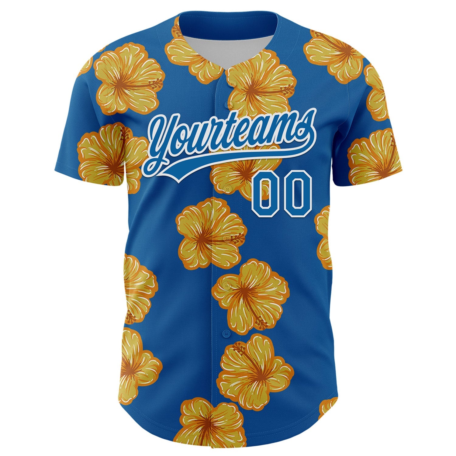 Custom Blue White 3D Tropical Hawaii Flower Authentic Baseball Jersey view 2