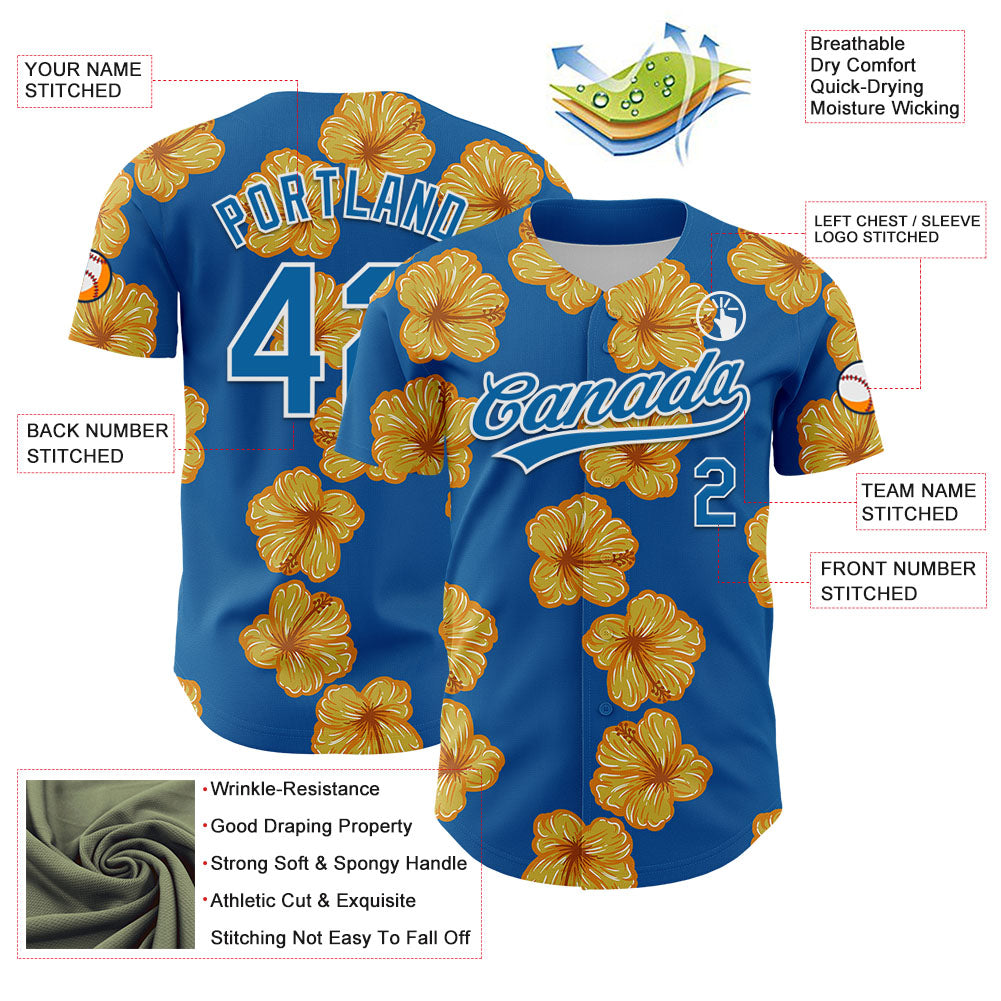 Custom Blue White 3D Tropical Hawaii Flower Authentic Baseball Jersey view 3