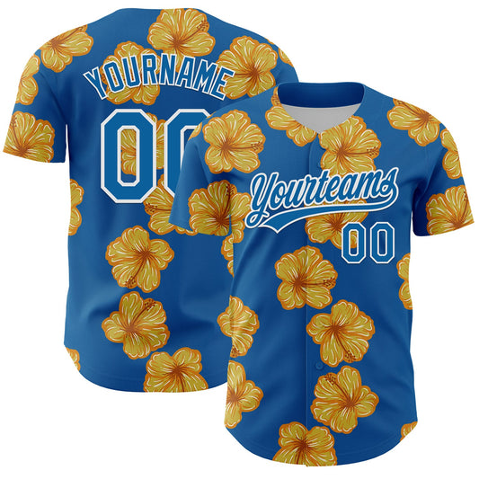 Custom Blue White 3D Tropical Hawaii Flower Authentic Baseball Jersey - Main View