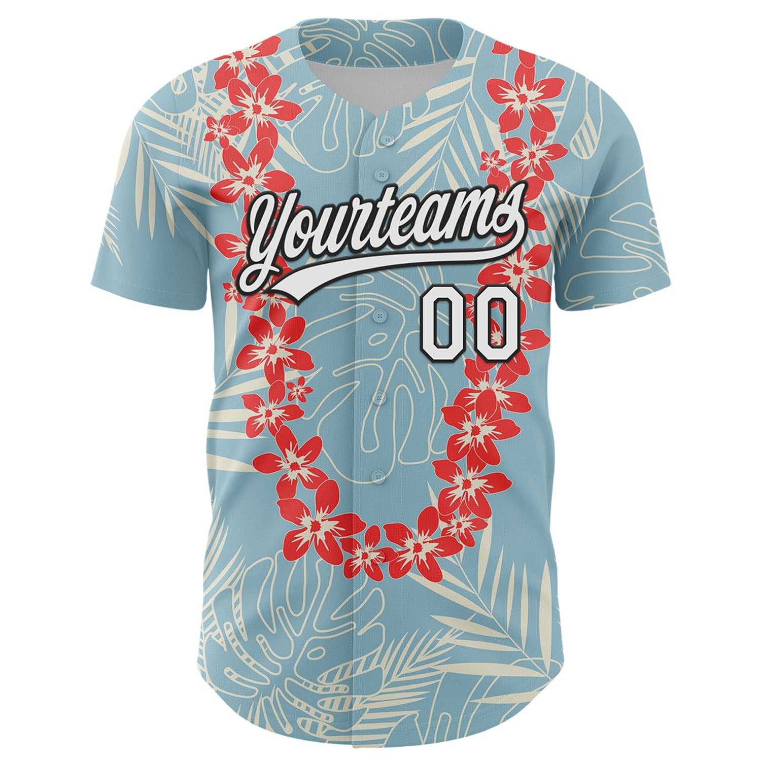 Custom Shadow Blue White-Black 3D Tropical Hawaii Leaves And Flower Authentic Baseball Jersey view 2