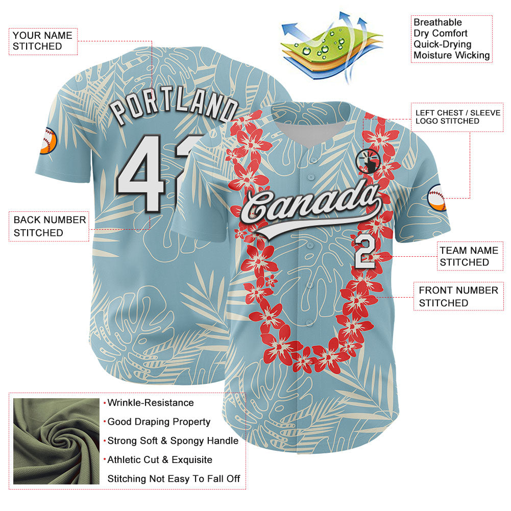 Custom Shadow Blue White-Black 3D Tropical Hawaii Leaves And Flower Authentic Baseball Jersey view 3