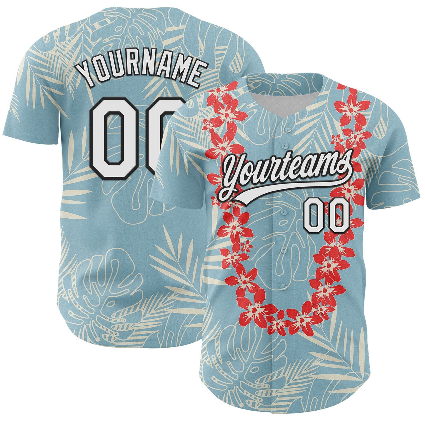 Custom Shadow Blue White-Black 3D Tropical Hawaii Leaves And Flower Authentic Baseball Jersey - Main View
