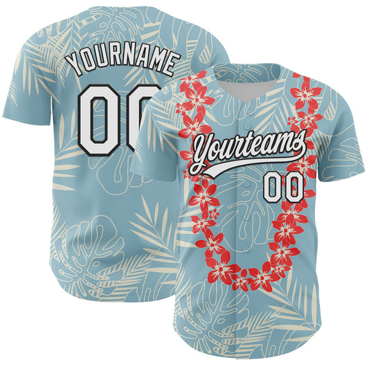 Custom Shadow Blue White-Black 3D Tropical Hawaii Leaves And Flower Authentic Baseball Jersey - Main View