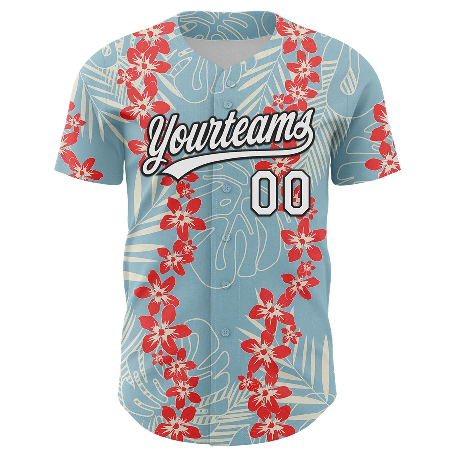 Custom Shadow Blue White-Black 3D Tropical Hawaii Leaves And Flower Authentic Baseball Jersey view 2