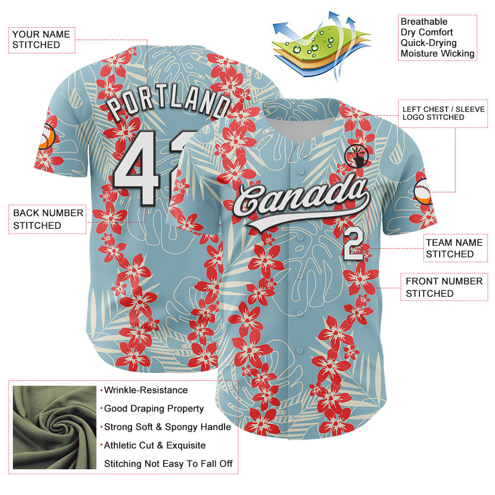Custom Shadow Blue White-Black 3D Tropical Hawaii Leaves And Flower Authentic Baseball Jersey view 3