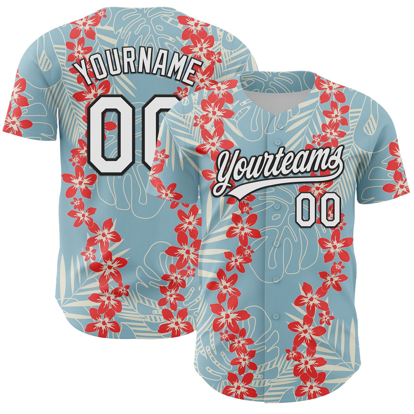 Custom Shadow Blue White-Black 3D Tropical Hawaii Leaves And Flower Authentic Baseball Jersey - Main View