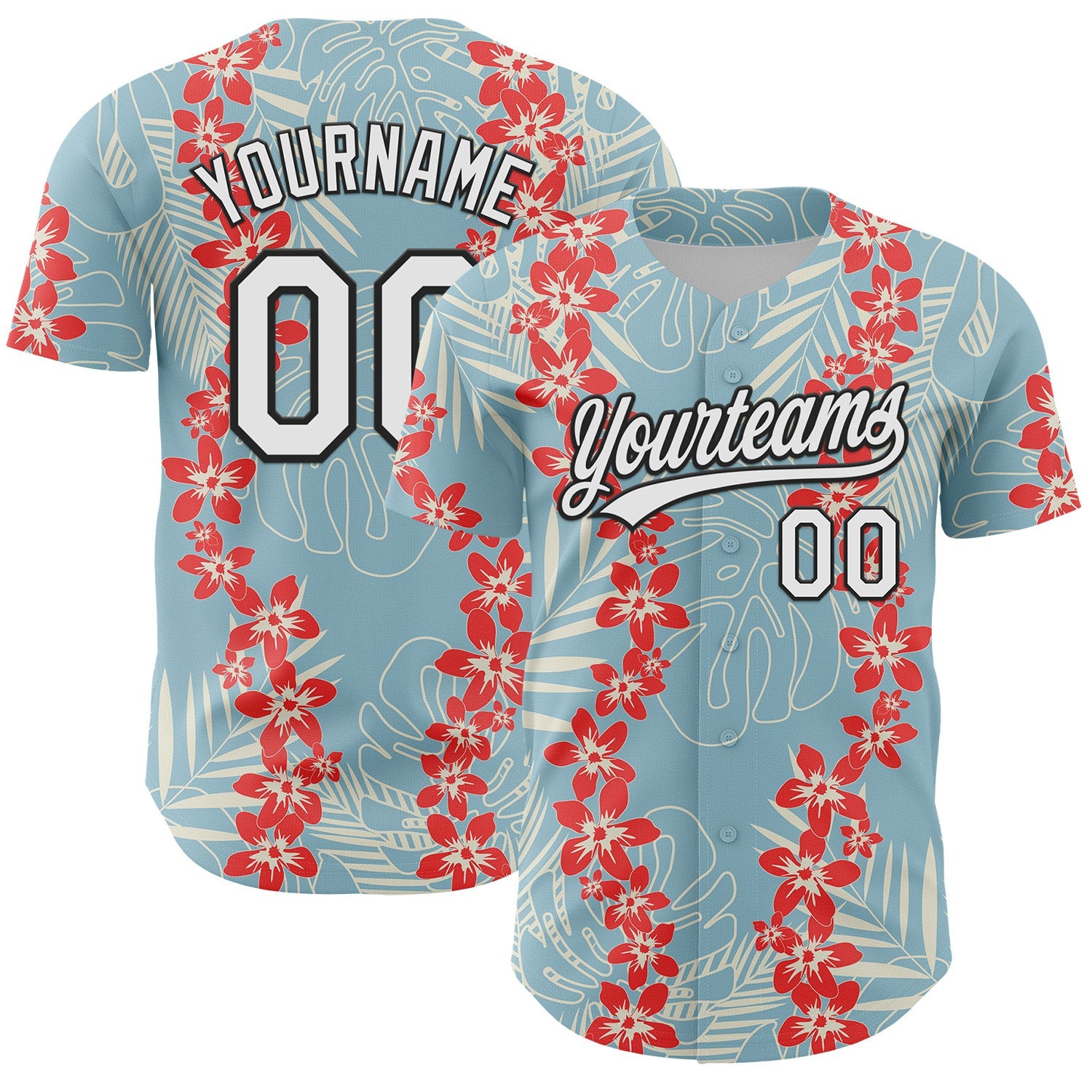 Custom Shadow Blue White-Black 3D Tropical Hawaii Leaves And Flower Authentic Baseball Jersey - Main View