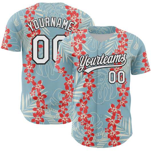 Custom Shadow Blue White-Black 3D Tropical Hawaii Leaves And Flower Authentic Baseball Jersey - Main View