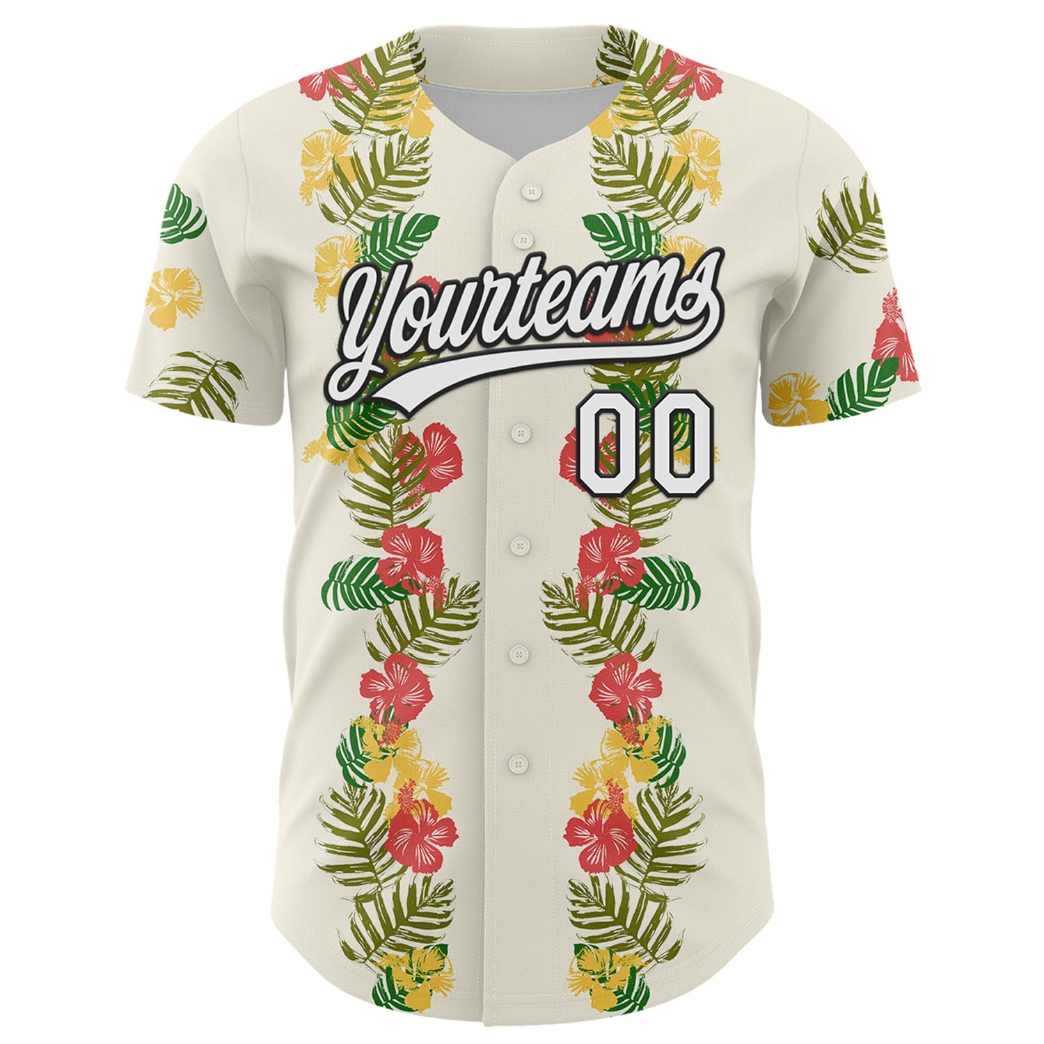 Custom White Black 3D Tropical Hawaii Leaves And Flower Authentic Baseball Jersey view 2