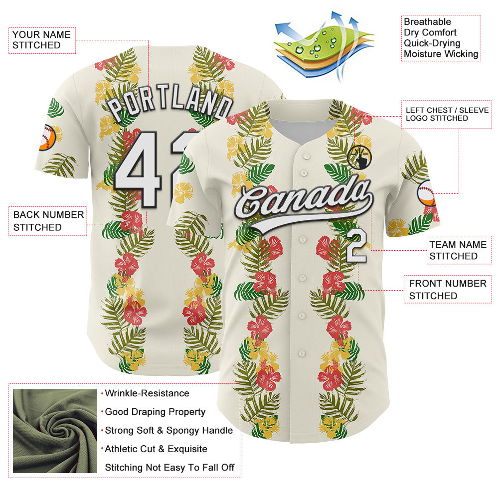 Custom White Black 3D Tropical Hawaii Leaves And Flower Authentic Baseball Jersey view 3