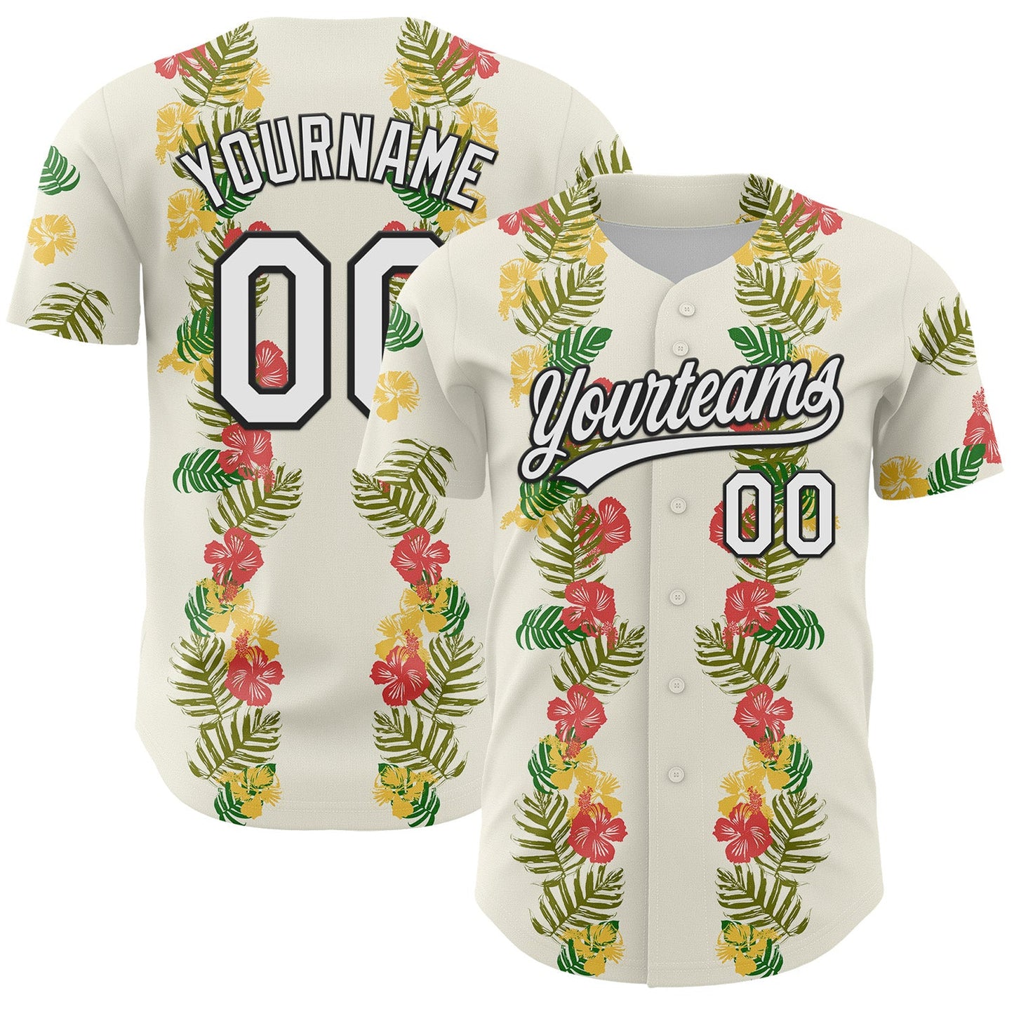 Custom White Black 3D Tropical Hawaii Leaves And Flower Authentic Baseball Jersey - Main View