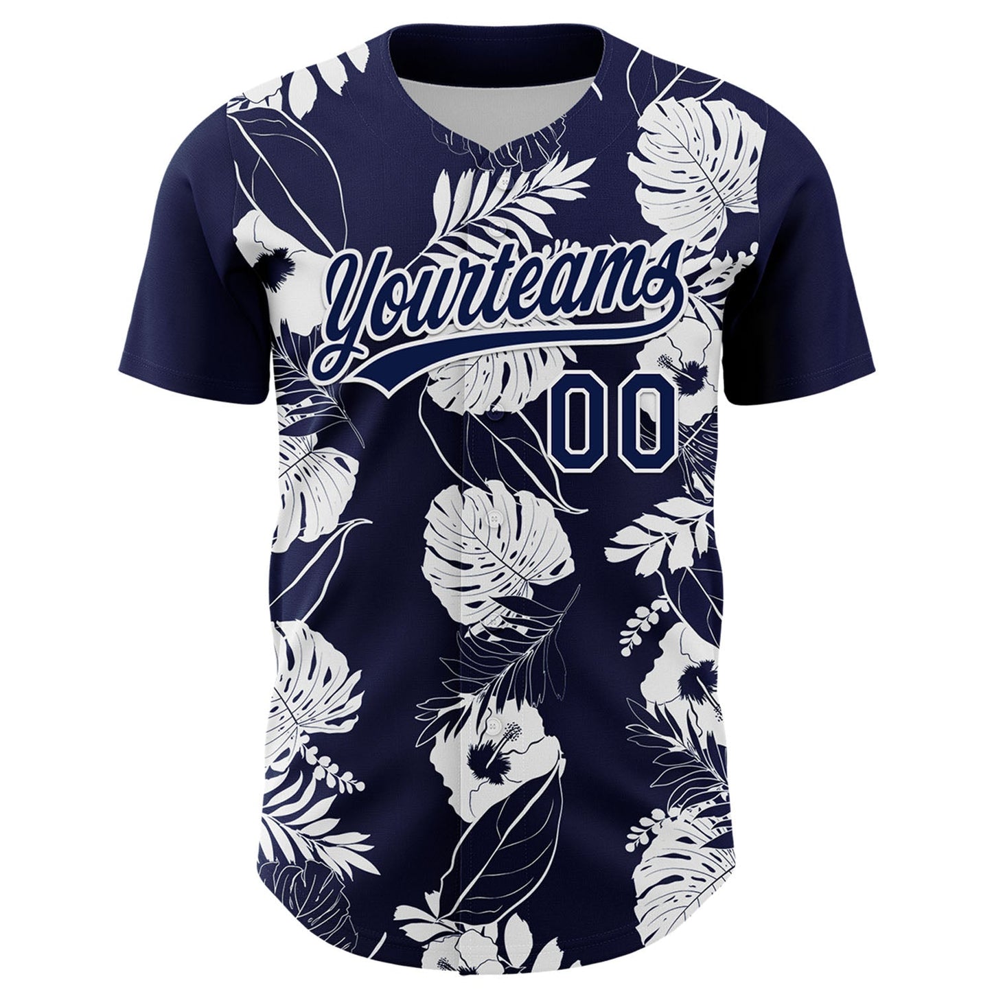 Custom Navy White 3D Tropical Hawaii Leaves And Flower Authentic Baseball Jersey view 2